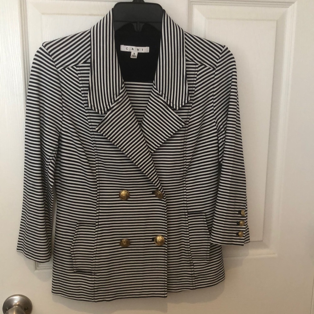 Cabi Double Breasted Navy/White Striped Nautical Jacket